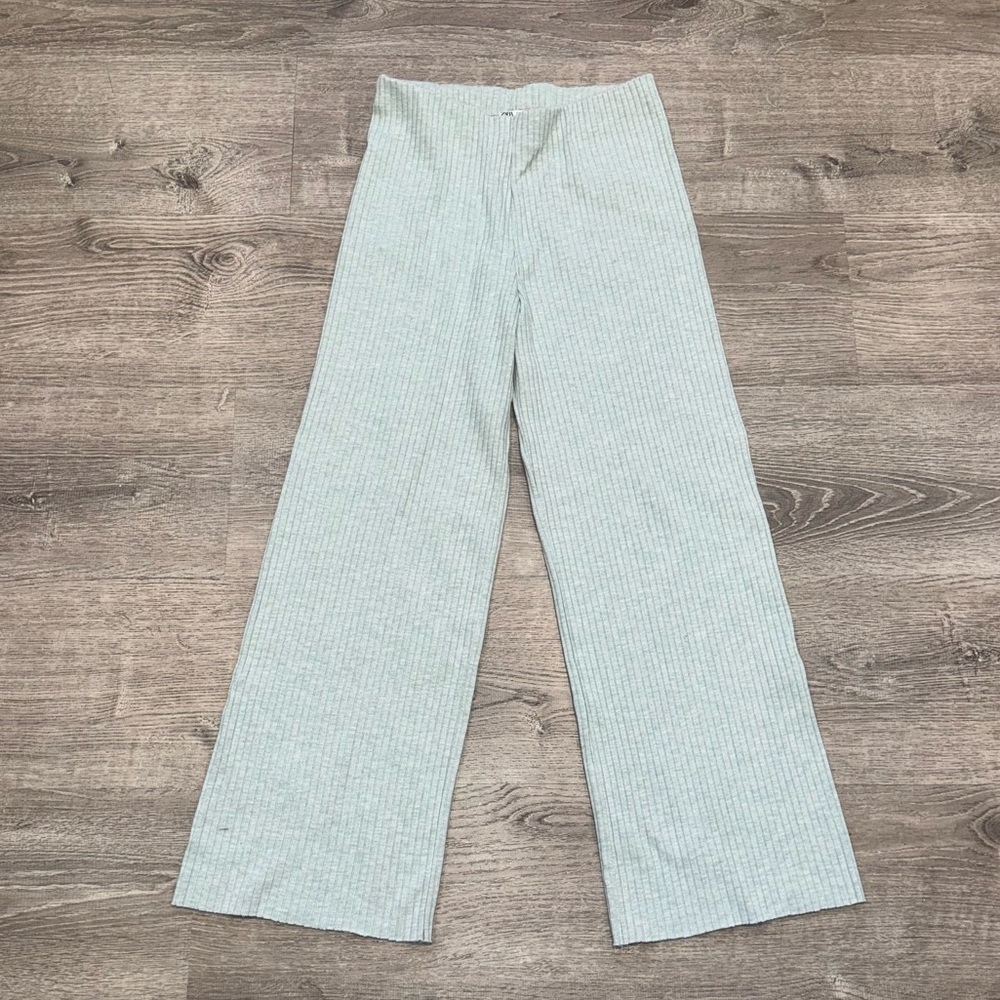 ZARA MINT GREEN RIBBED KNIT WIDE LEG CROPPED PANTS M
